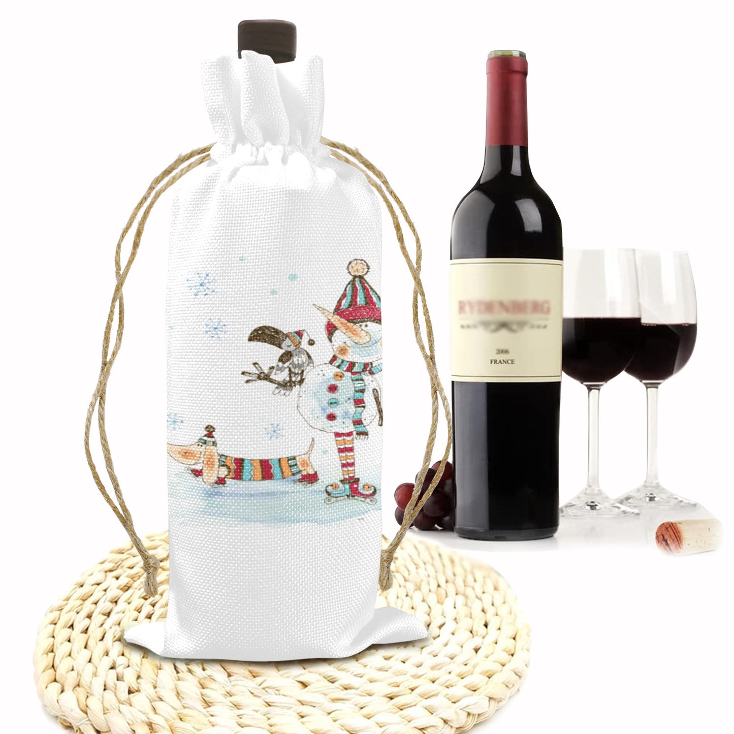 Whimsical Snowman and Dashund Linen Wine Bottle Bag