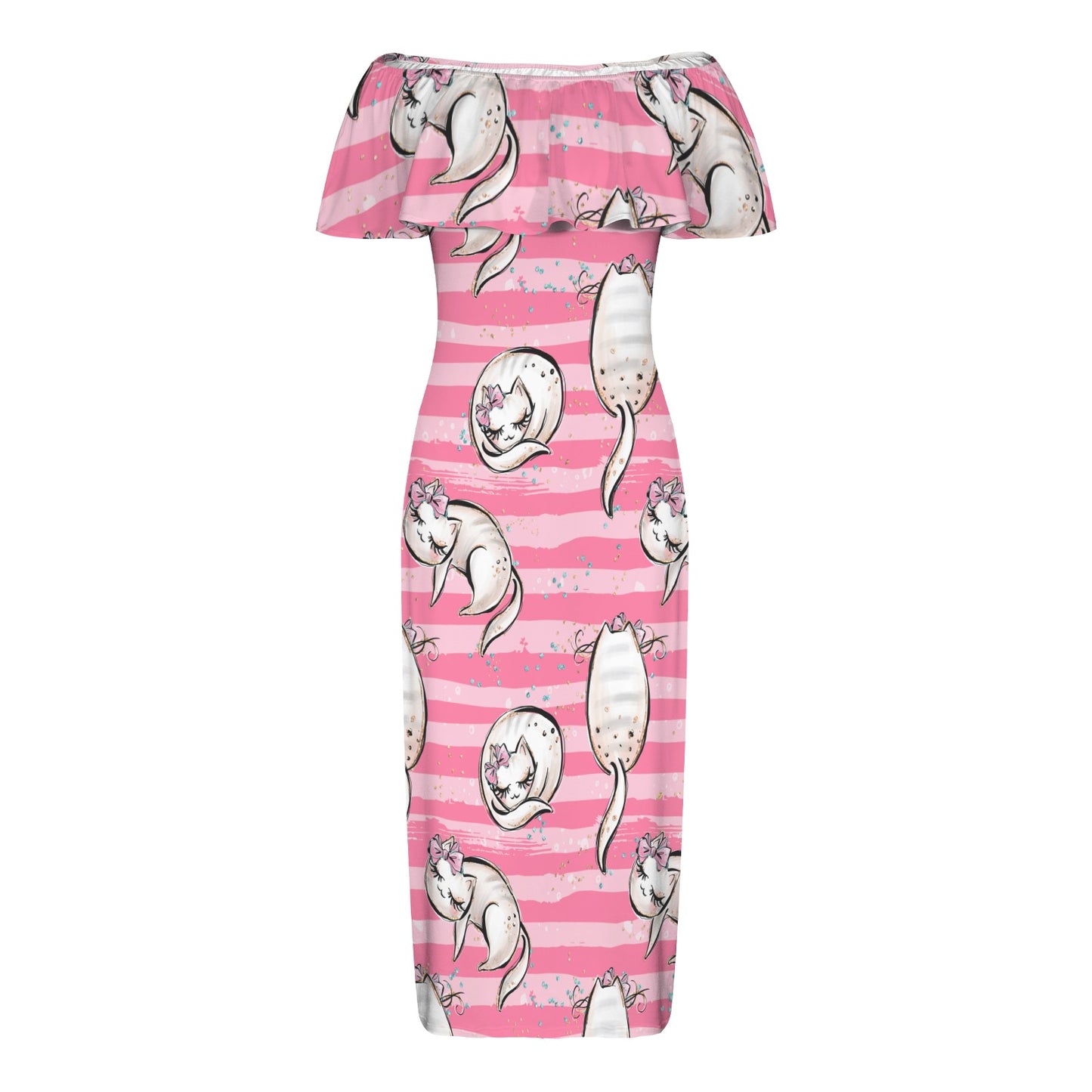 Pink Cats Women's Off Shoulder Ruffle Boat Neck Dress (Model D71)