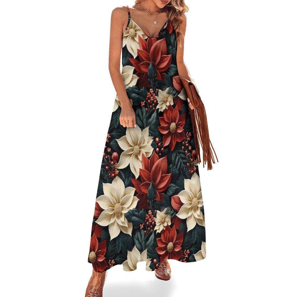 Christmas Poinsettia Spaghetti Strap Ankle-Length Dress Long dress