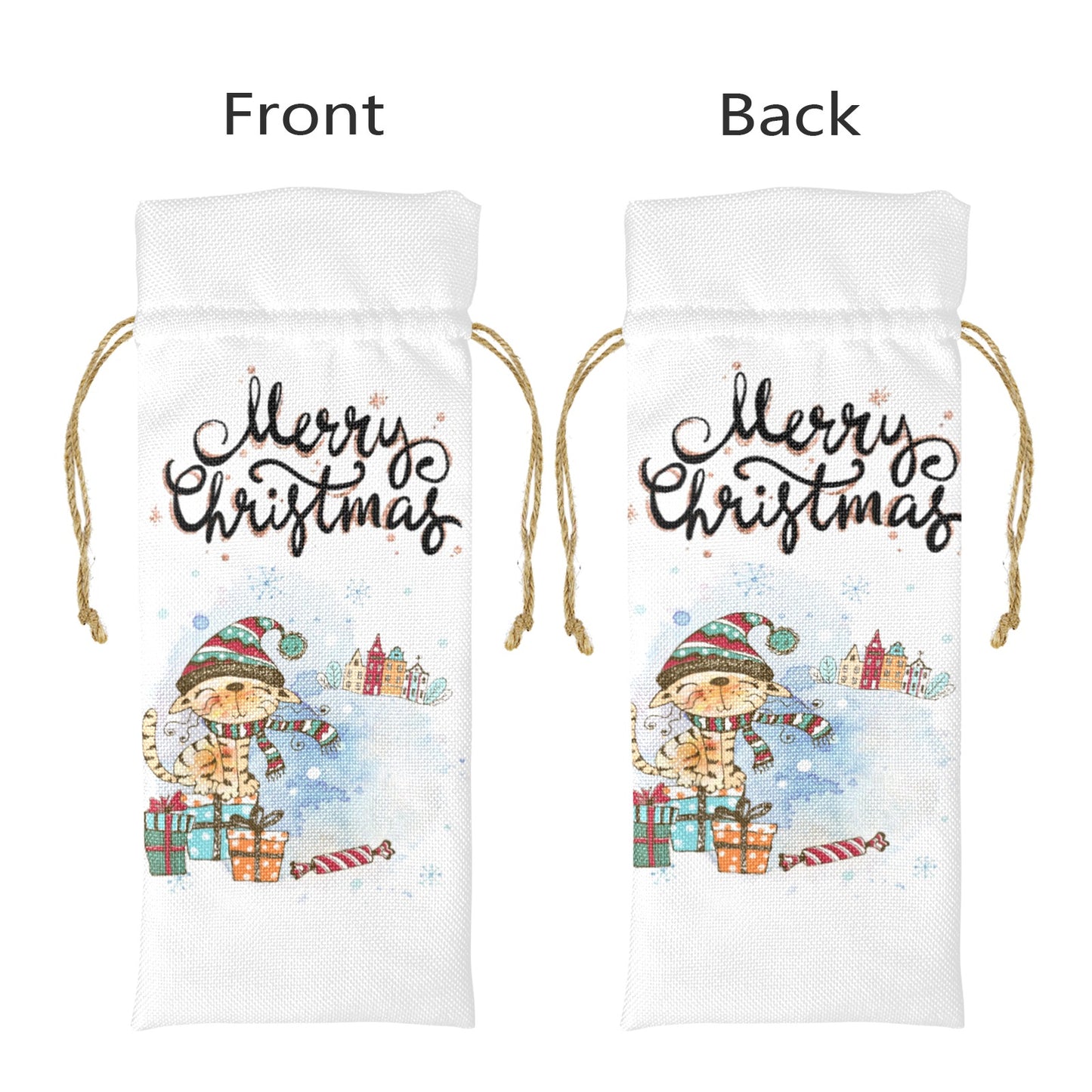 Merry-Xmas Cat Whimsical Christmas Linen Wine Bottle Bag