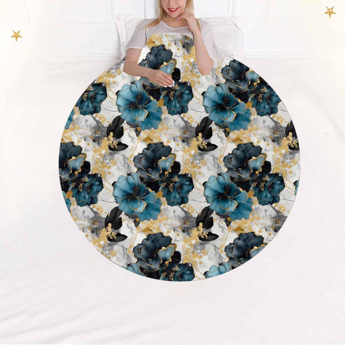 Blue & Gold Ink Floral  Circular Micro Fleece Blanket 60"