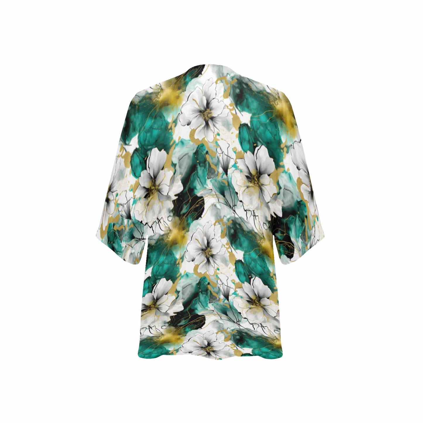 Green and White Ink Floral Women's Kimono Chiffon Cover Up