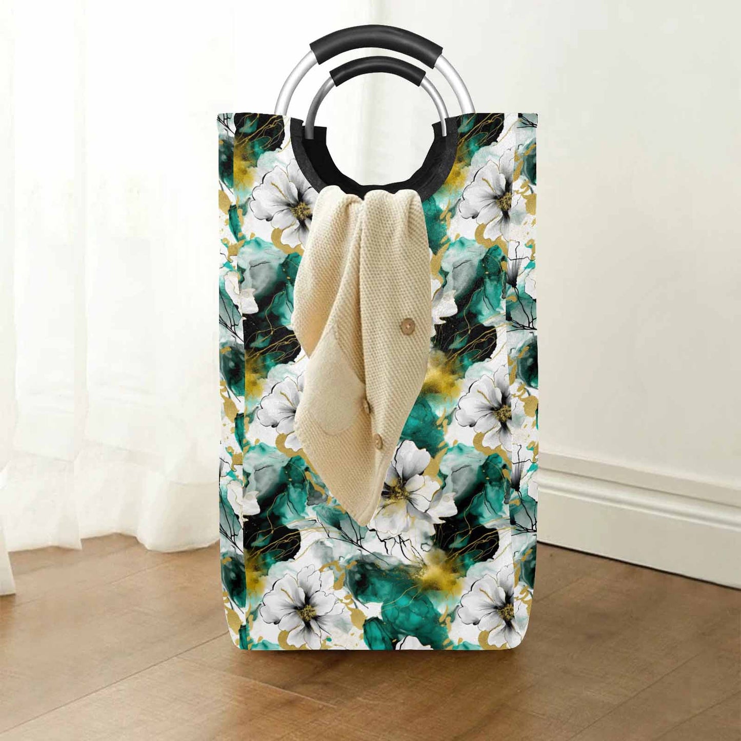 Green and White Ink Floral  Square Laundry Basket