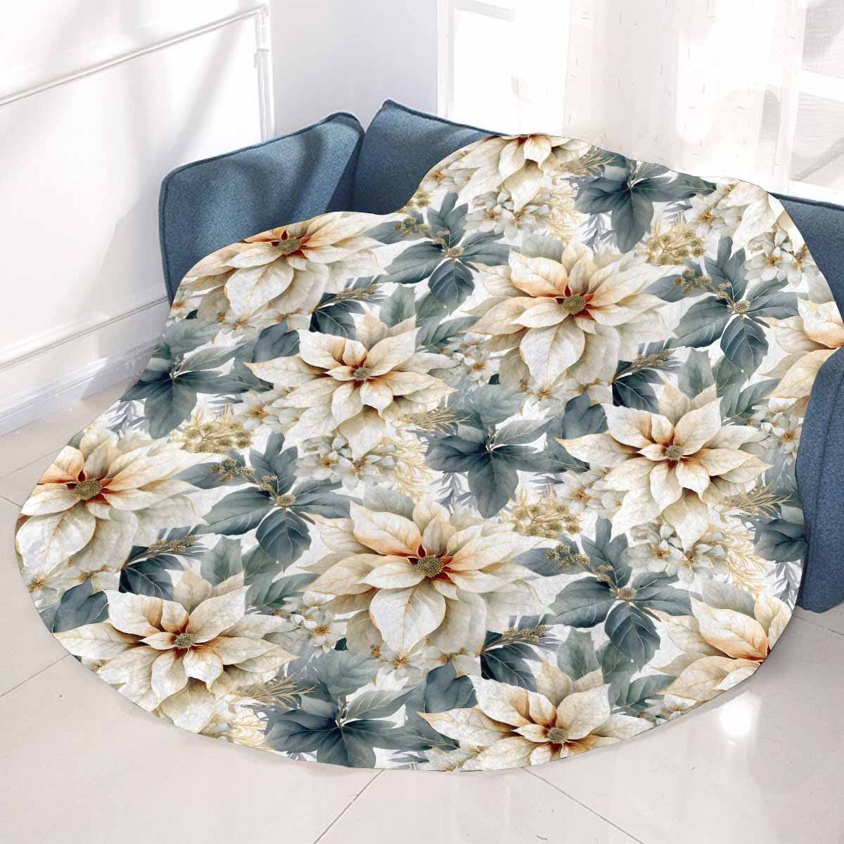 Cream Poinsettia  Circular Micro Fleece Blanket 47"