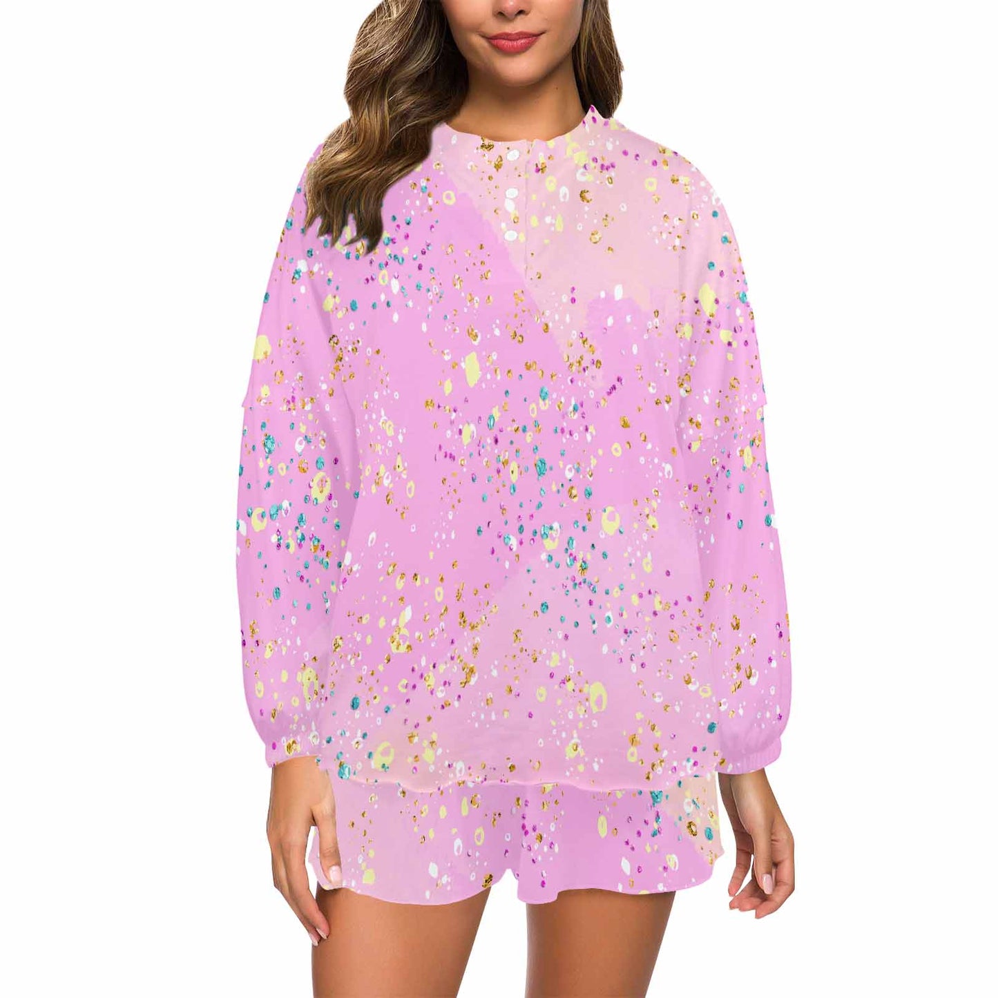 Pink Splash  Women's Long Sleeve Pajama Set with Shorts