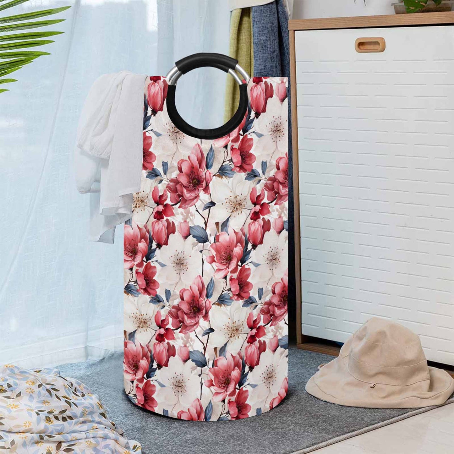 Pink Floral Small  Round Laundry Basket