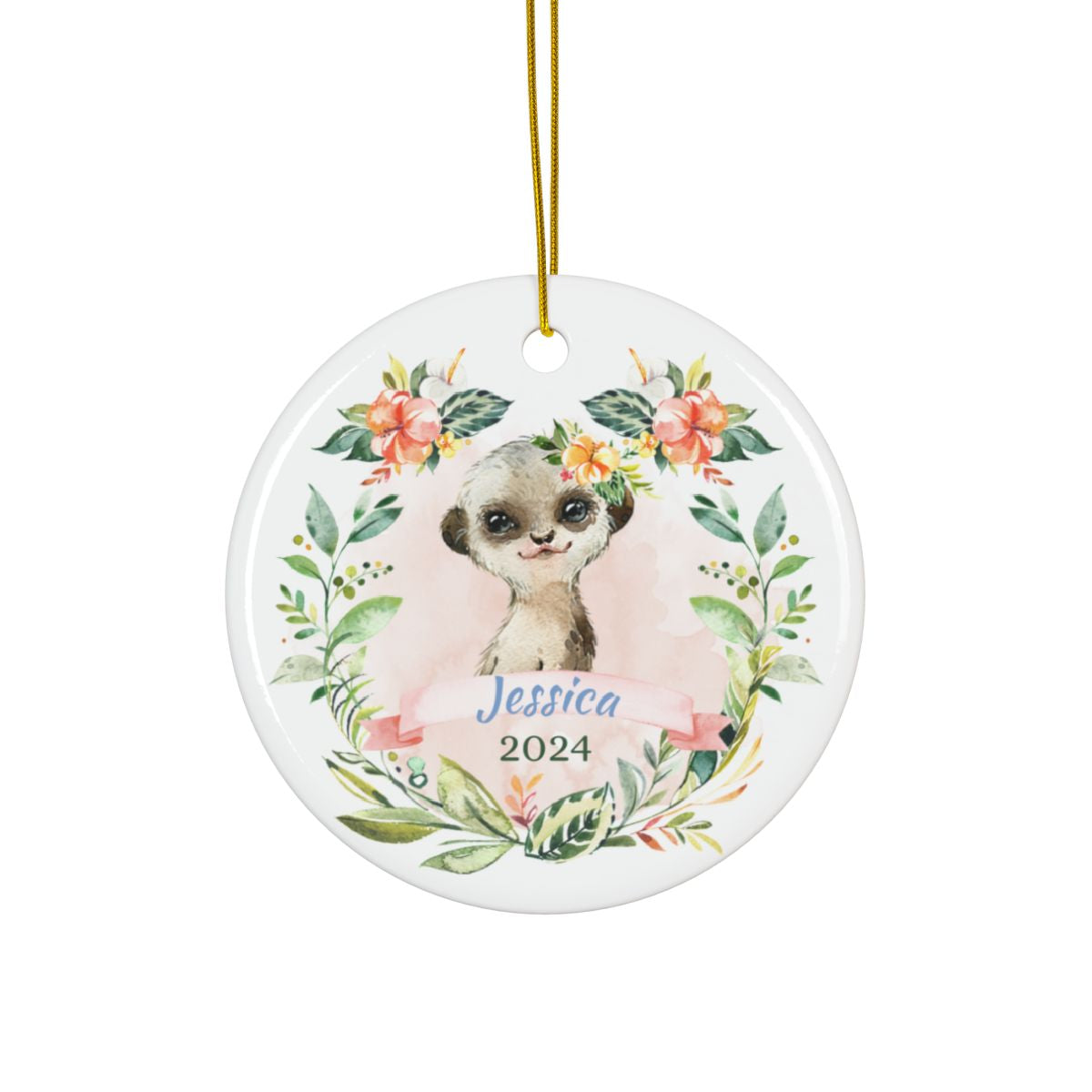 Personalized Baby Ornament, Pink Meerkat Design, Custom Birth Announcement, Holiday Decor, Ceramic Keepsake Gift