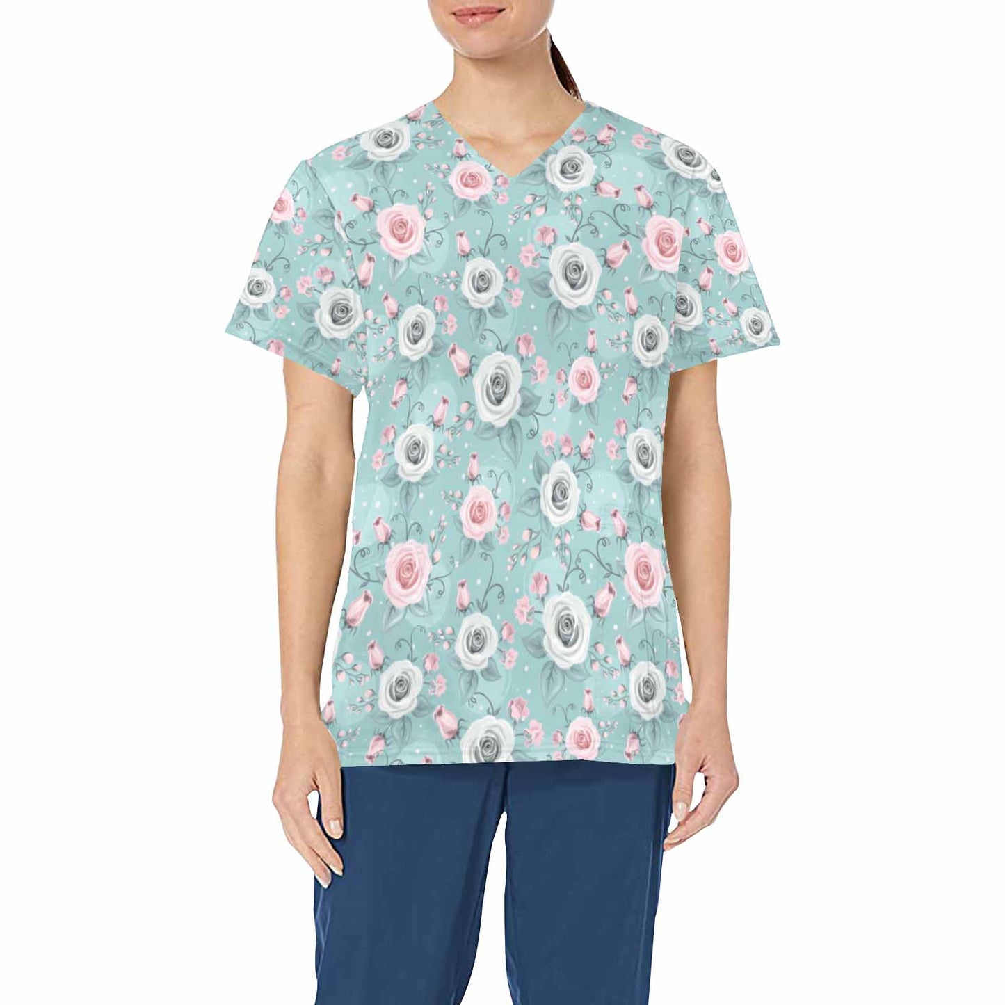 Green Pastel Roses  Women's V Neck Scrub Top Nurse Uniform with Deep Front Pockets