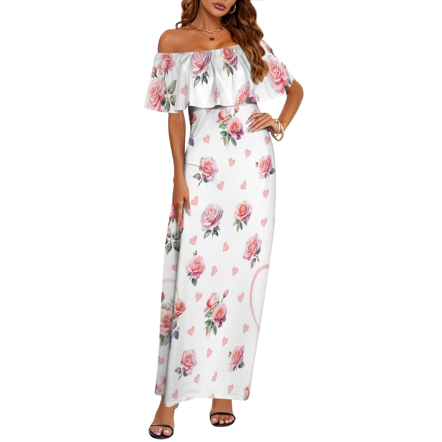 roses4 Women's Off Shoulder Ruffle Boat Neck Dress (Model D71)