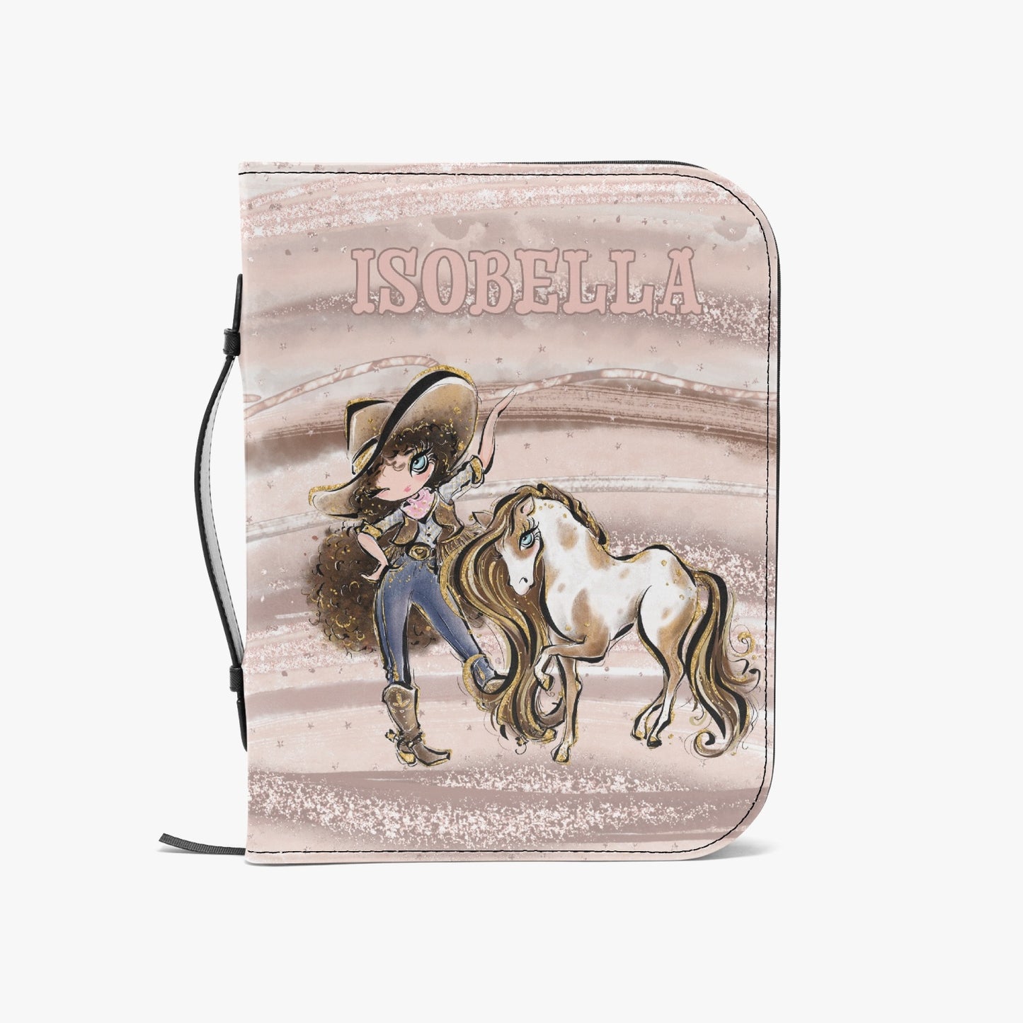 Book/Bible Cover, Howdy, Cowgirl and Horse, Brunette Curly Hair, Blue Eyes