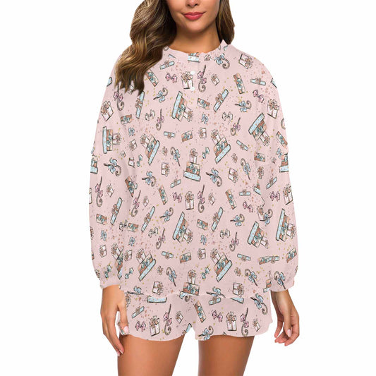 Pink Christmas Presents  Women's Long Sleeve Pajama Set with Shorts