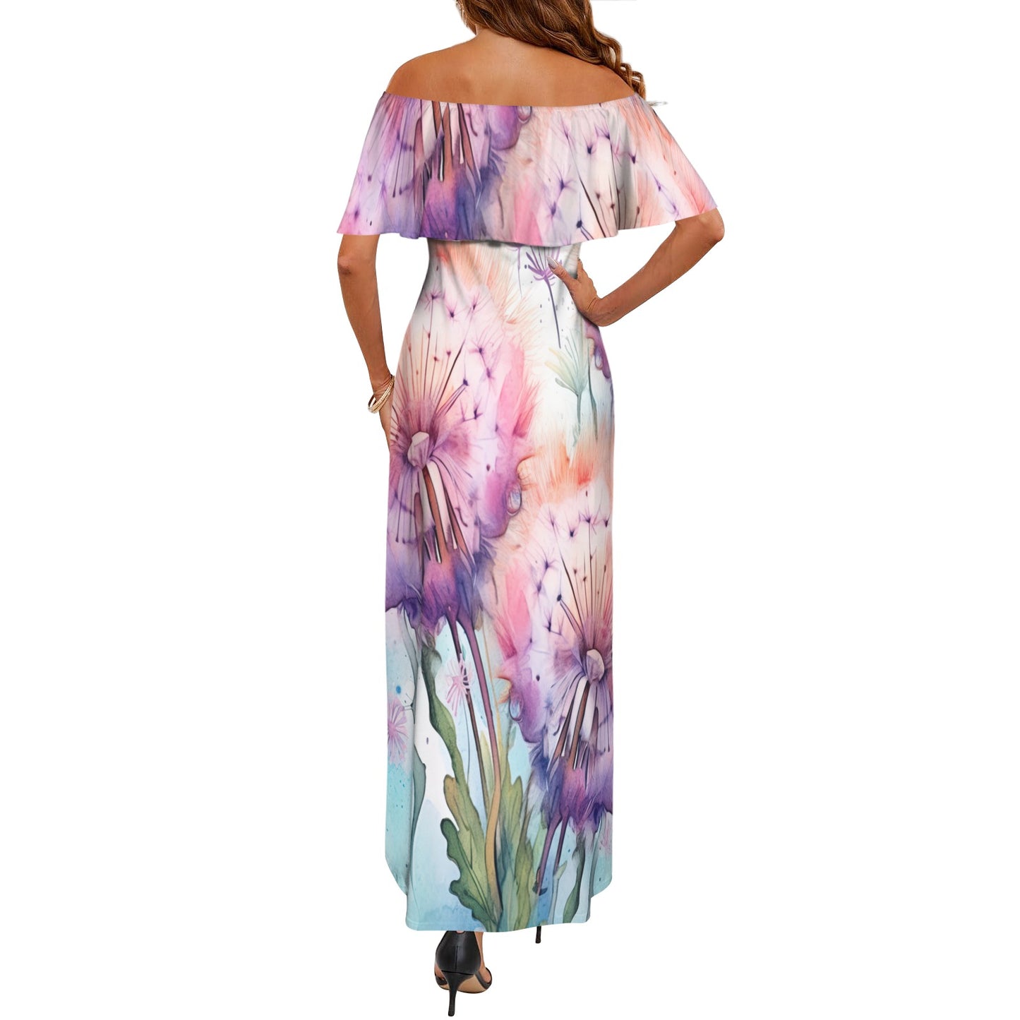 Dandelions awd320 Women's Off Shoulder Ruffle Boat Neck Dress (Model D71)