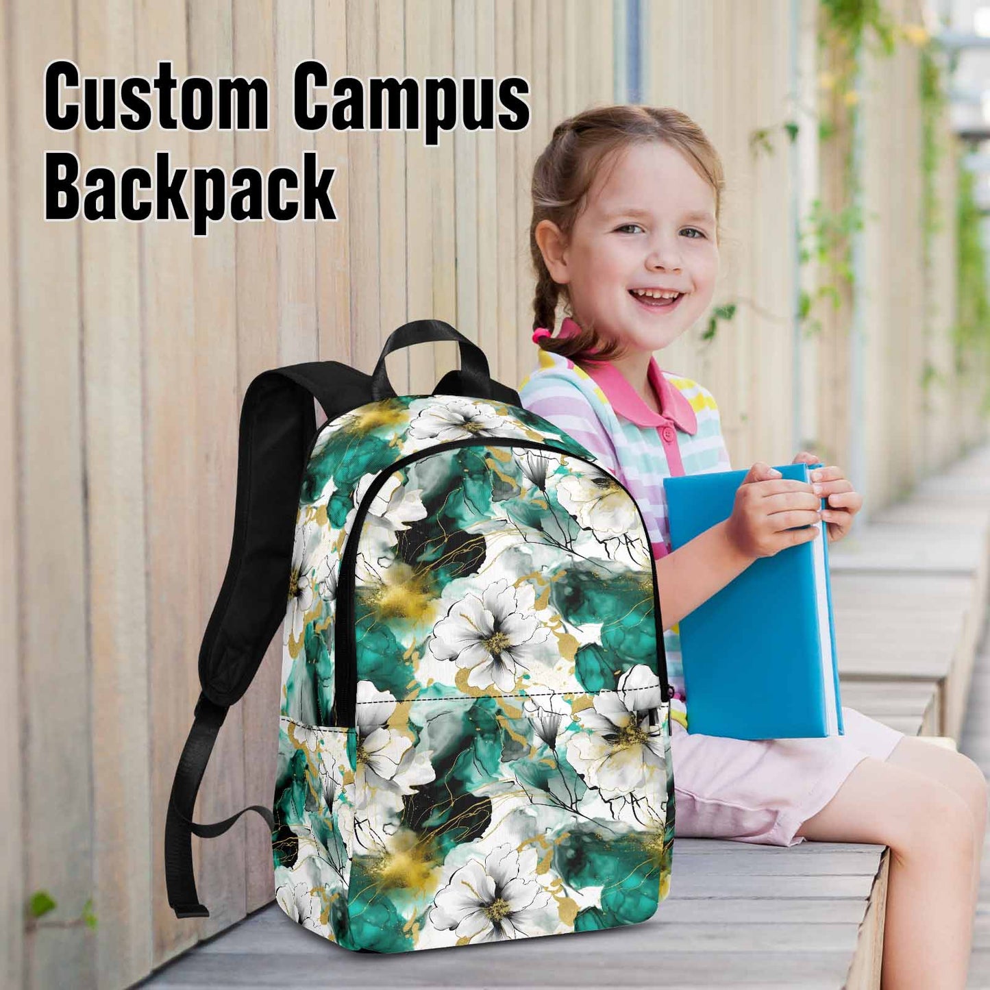 Green and White Ink Floral Adult Casual Backpack