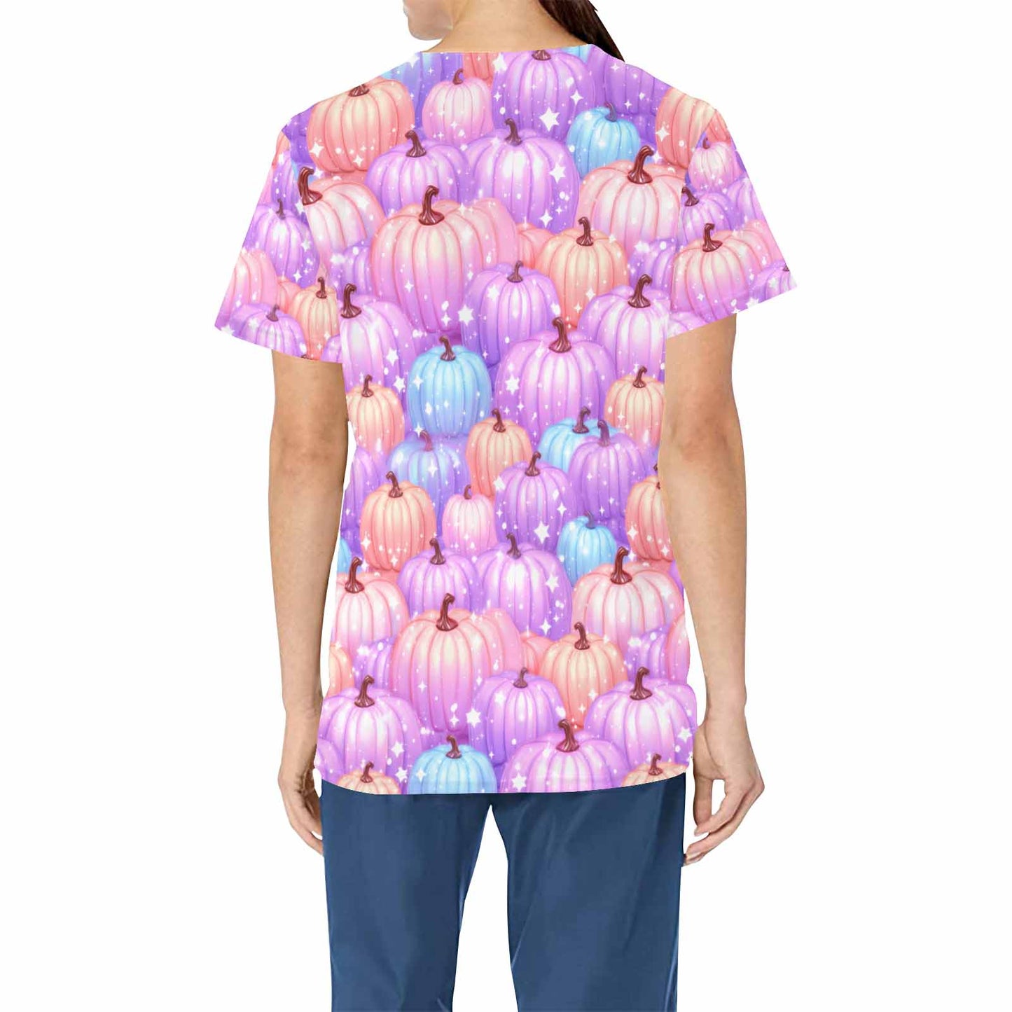 Pastel Pumpkins  Women's V Neck Scrub Top Nurse Uniform with Deep Front Pockets