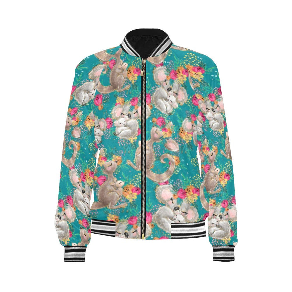 Australian Animals Koala and Kangaroo Green Bomber Jacket for Women