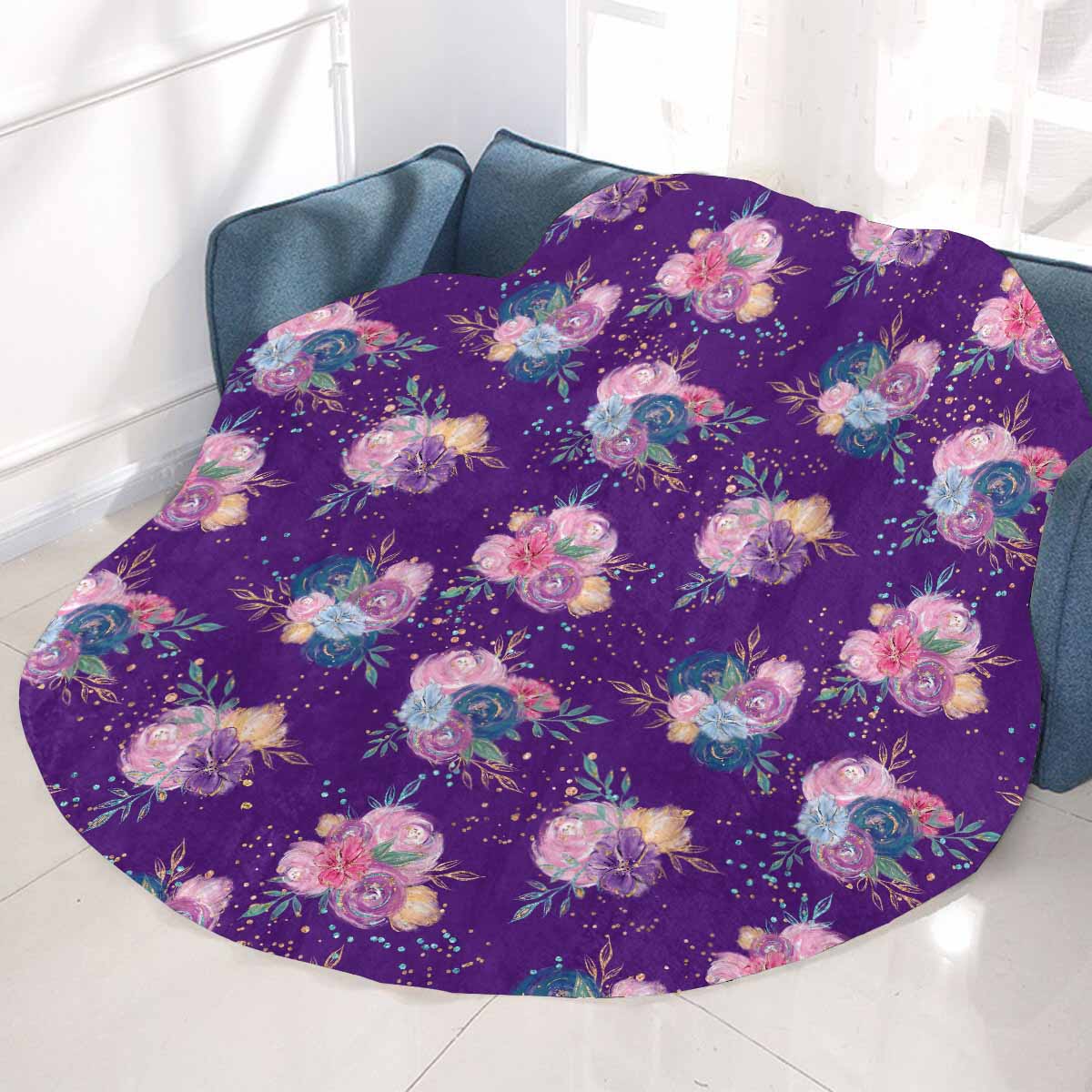 Purple Floral  Circular Micro Fleece Blanket 47"