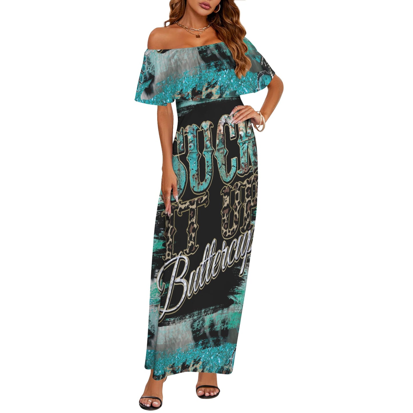 Country Suck it up Buttercup awd39 Women's Off Shoulder Ruffle Boat Neck Dress (Model D71)