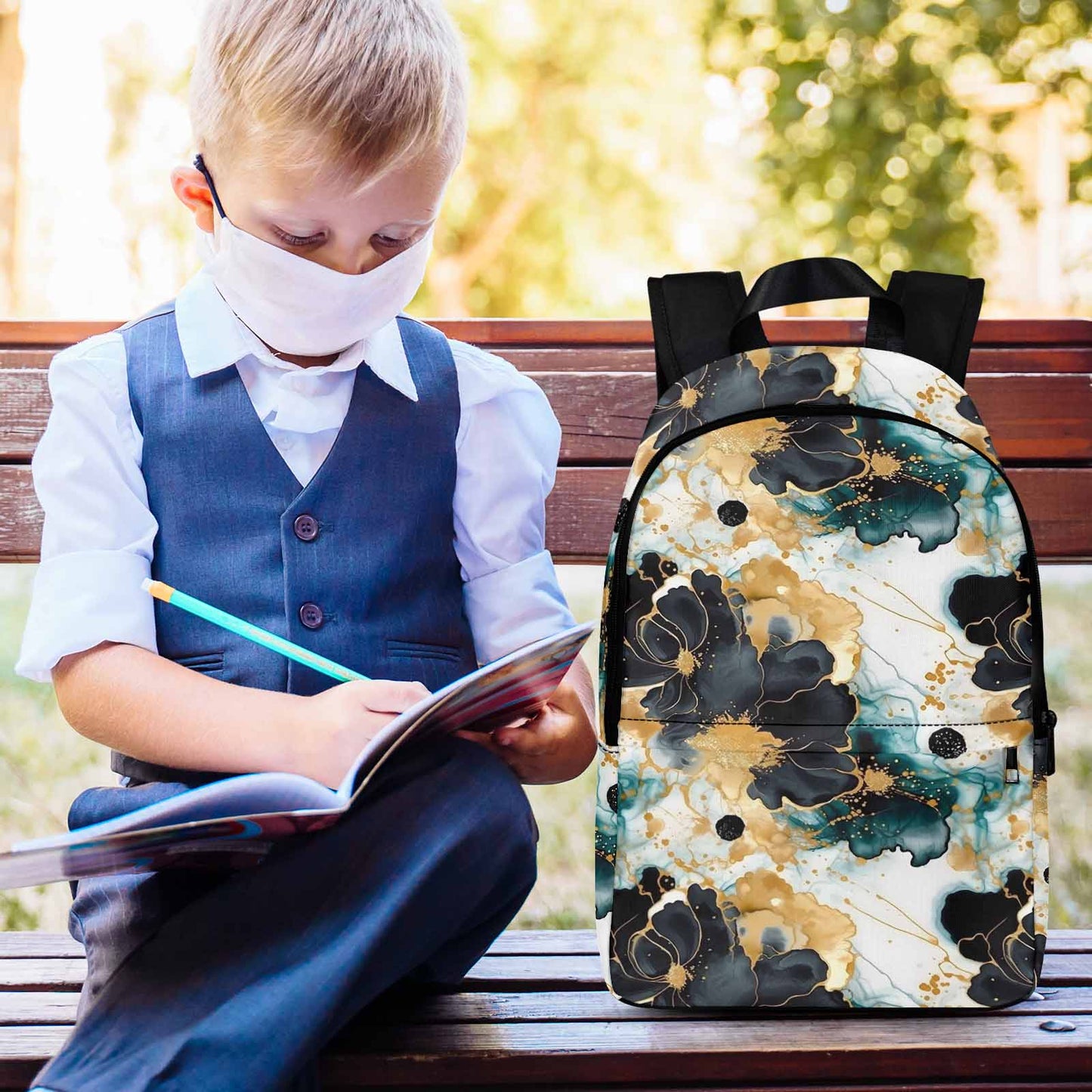 Black Gold & Green Ink Floral Adult Casual Backpack