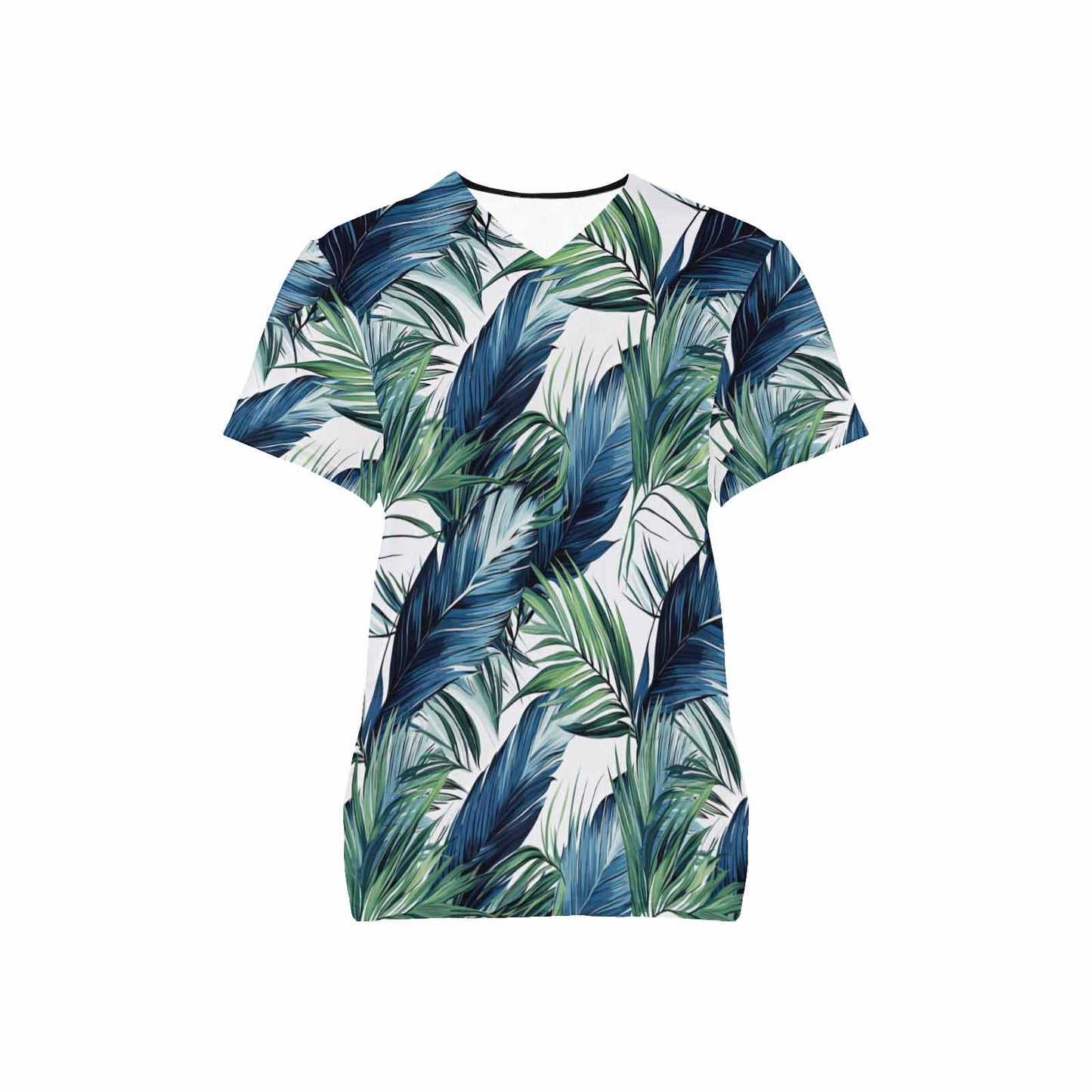 Tropical Leaves Blue and Green   Women's V Neck Scrub Top Nurse Uniform with Deep Front Pockets