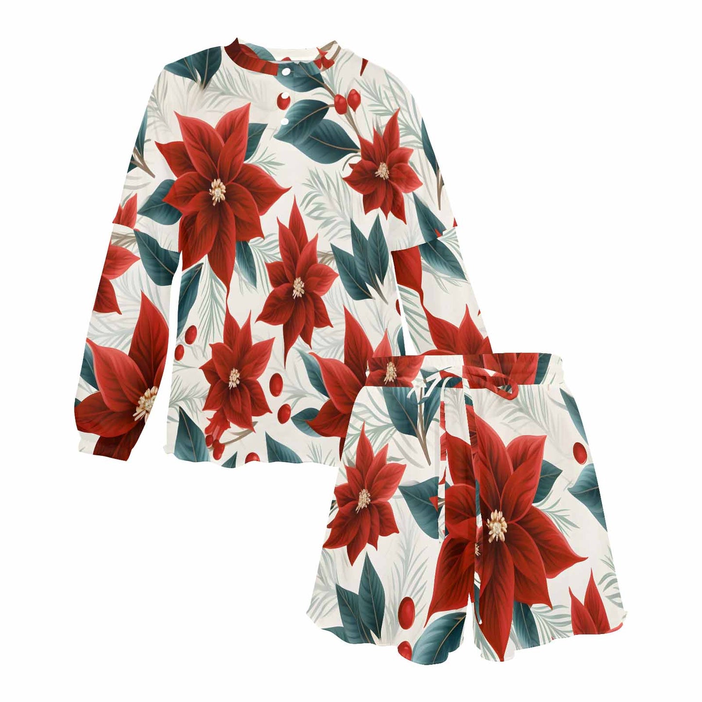 Christmas Red Poinsettia  Women's Long Sleeve Pajama Set with Shorts