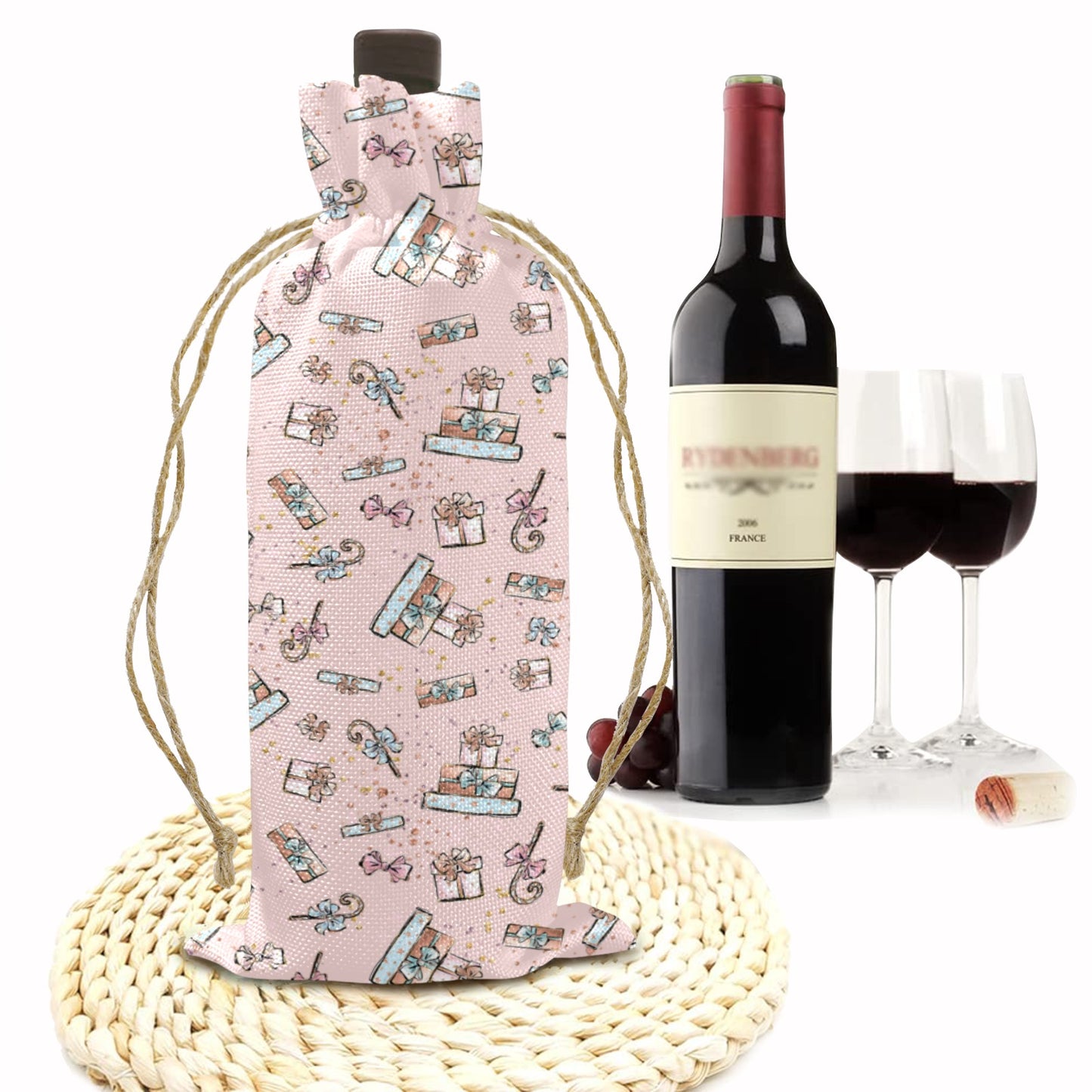Pink Xmas Linen Wine Bottle Bag