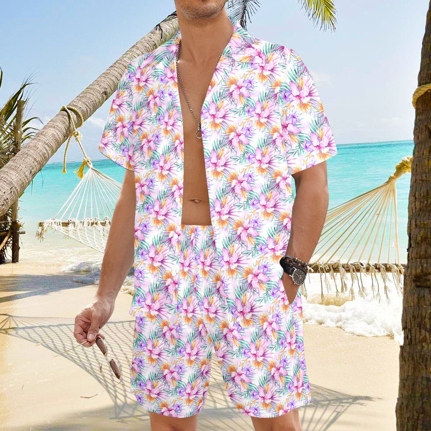 Men's Shirt & Shorts Set Purple Hibiscus Men's Shirt and Shorts Outfit (Set26)