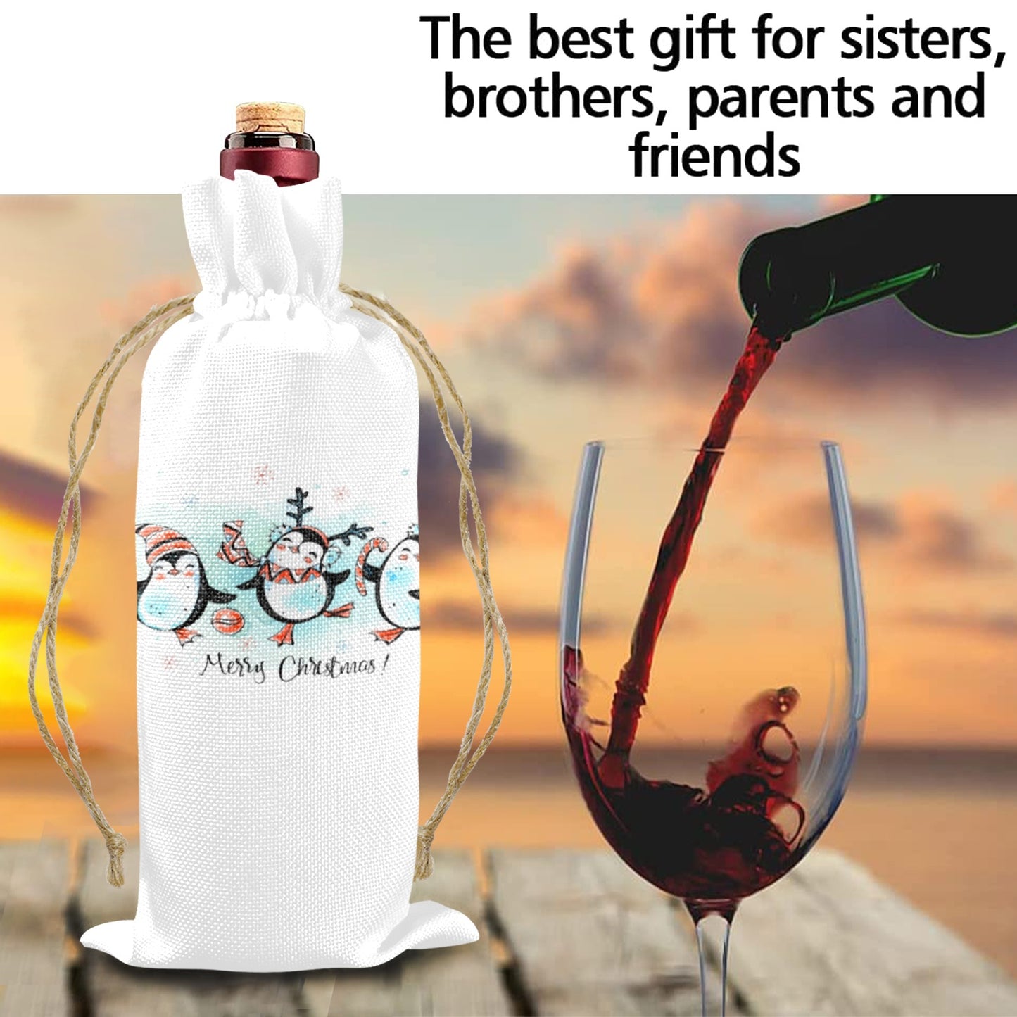 Merry Christmas Whimsical Penguins Linen Wine Bottle Bag