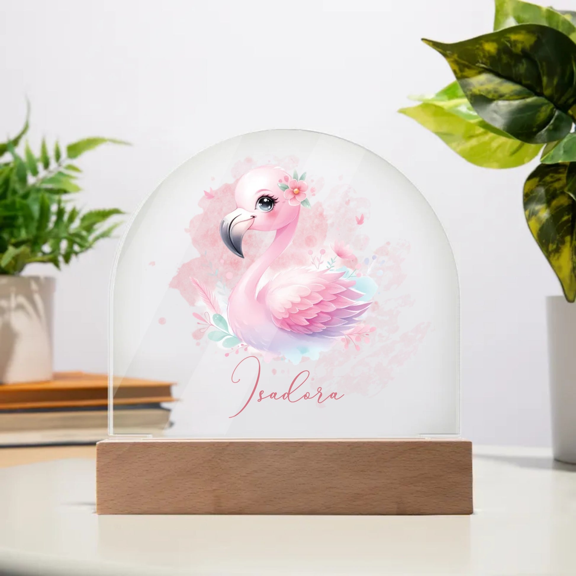 Personalised Flamingo Acrylic Dome Plaque Wooden Plaque Night Light