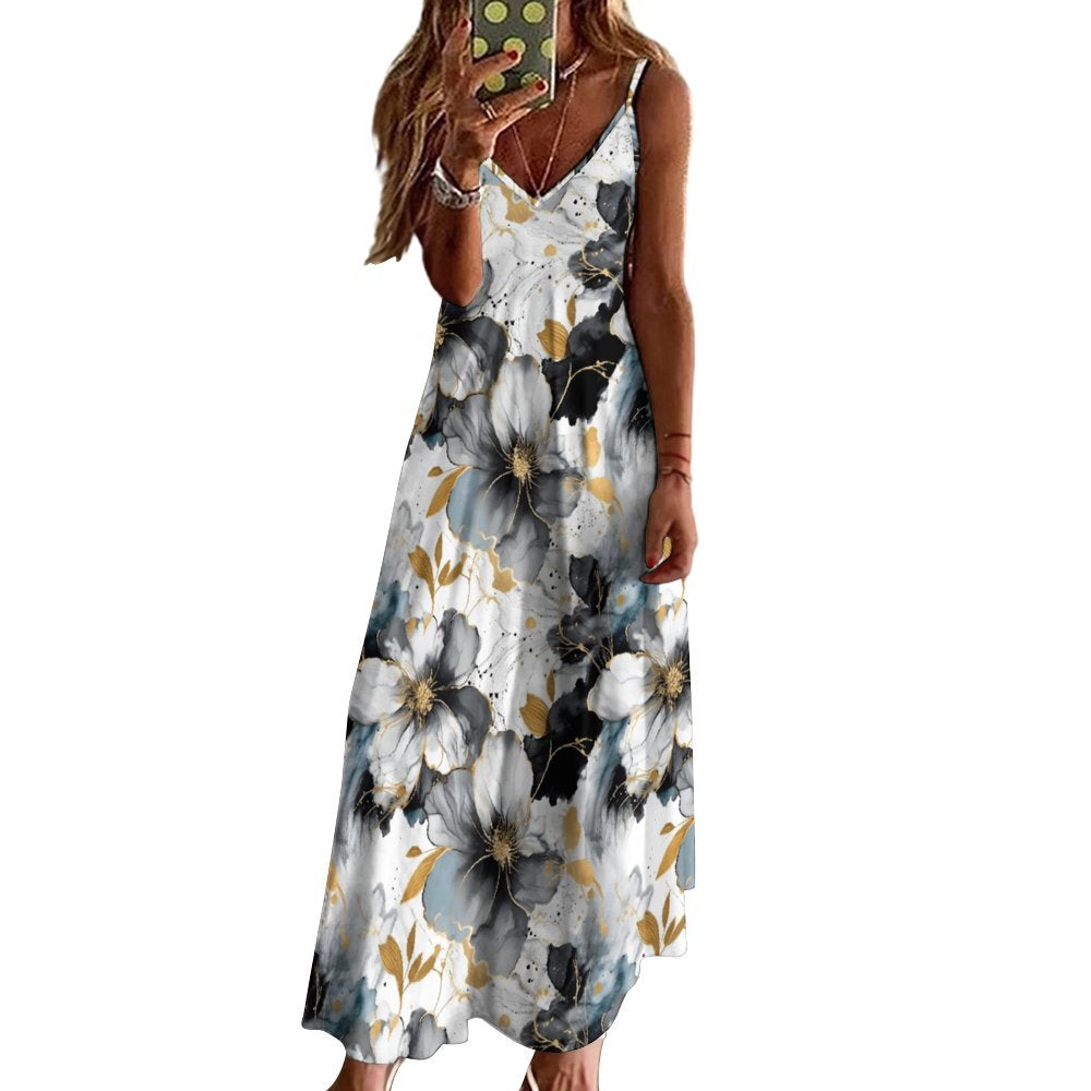 Alcohol Ink Floral Spaghetti Strap Ankle-Length Dress Long dress