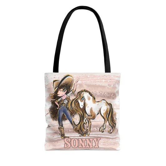 Personalised Tote Bag, Cowgirl & Horse, Brown Curly Hair, Blue Eyes, Tote bag