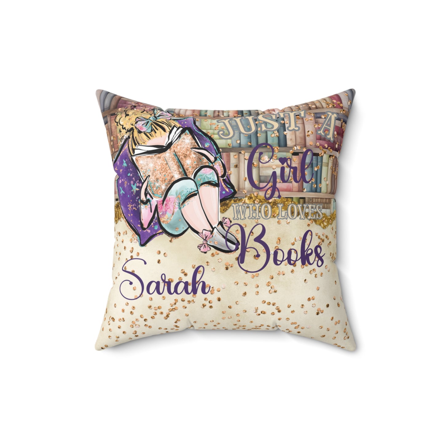 Polyester Square Pillow, Just a Girl who Loves Books, Blonde Hair