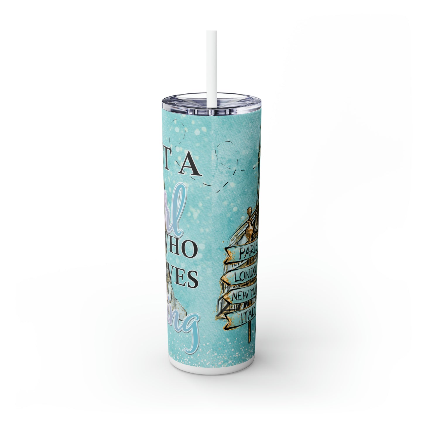 Skinny Tumbler with Straw, 20oz, Personalized, Just A Girl Who Loves Travelling, Brown Hair