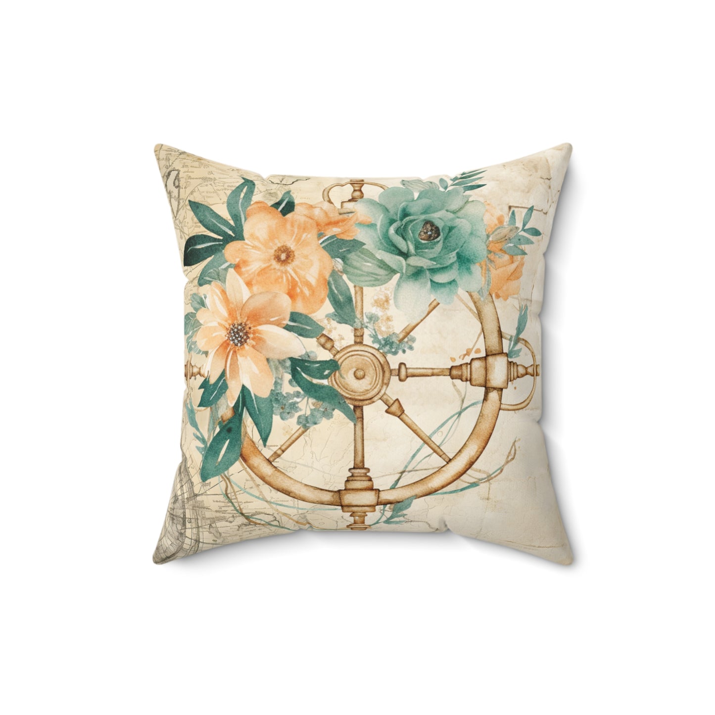 Nautical Polyester Square Cushion, Nautical cushion, Natural Ships Wheel