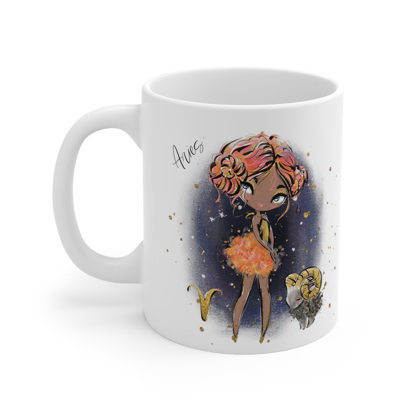 Personalised/Non Personalised Zodiac Sign, Aries, Ceramic Mug 11oz Red Hair - Olive Skin - Blue Eyes - Bg