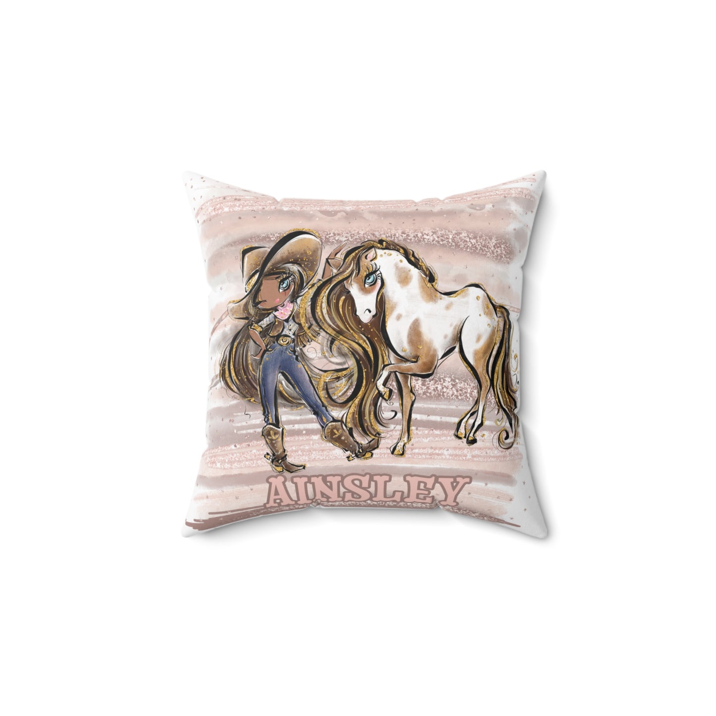 Personalised Cowgirl and Horse Cushion,  Brown Hair, Olive Skin, Blue Eyes, Polyester Square Cushion, Christmas cushion