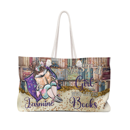 Personalised Weekender Bag, Just A Girl Who Loves Books, Brunette Hair, Large Weekender Bag, Beach Bag, Book Bag