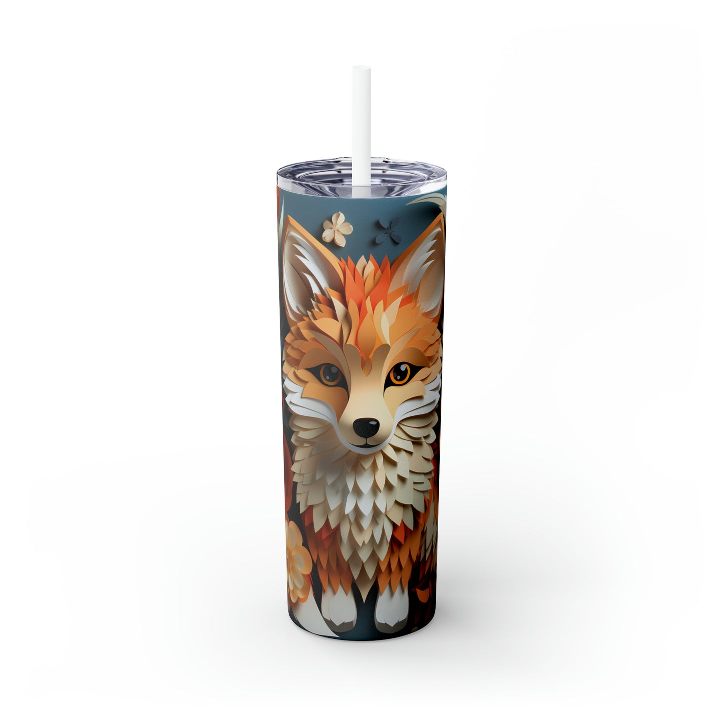 Skinny Tumbler with Straw, 20oz, Floral Paper Cut Fox, awd-426