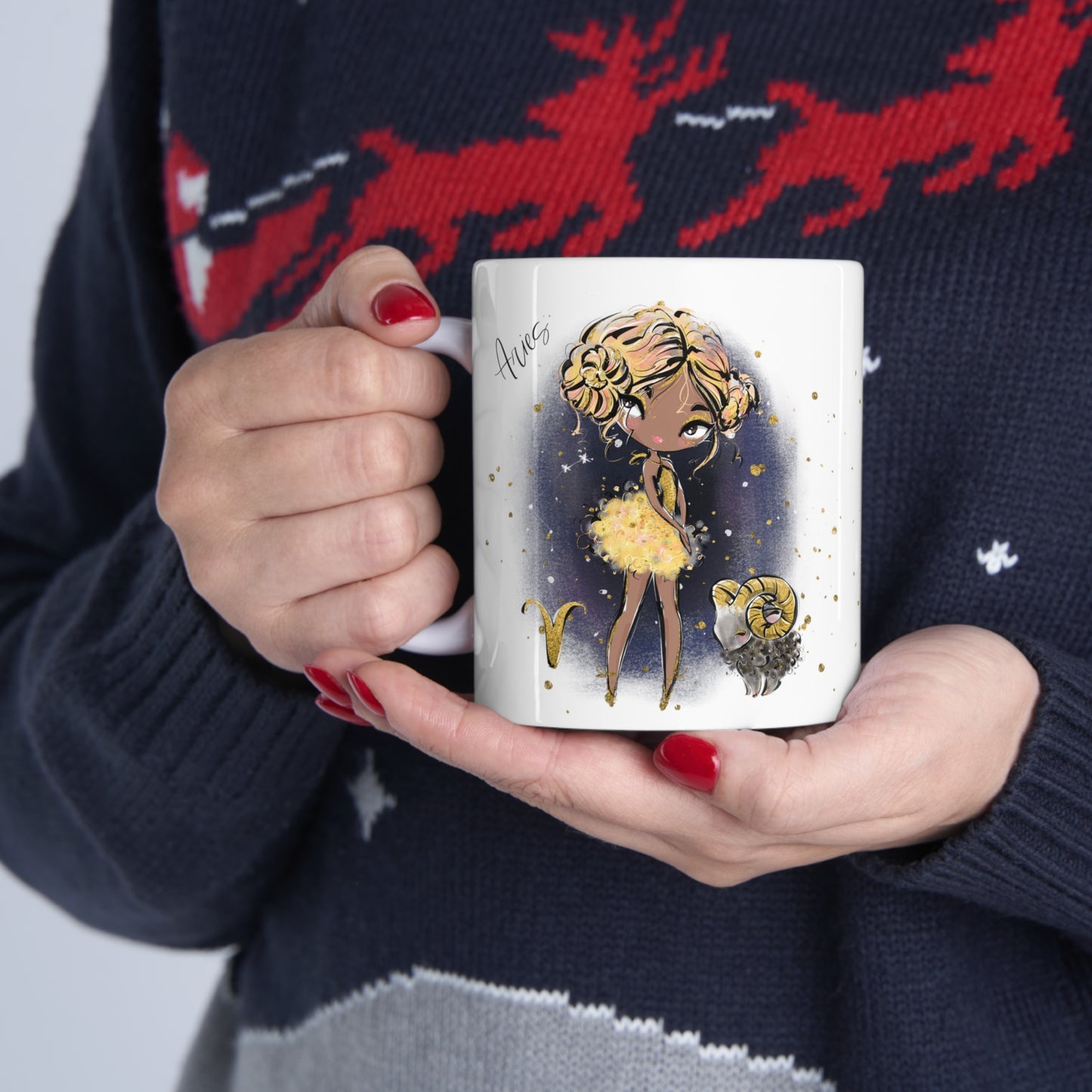 Personalised/Non Personalised Zodiac Sign, Aries, Ceramic Mug 11oz Blonde Hair - Olive Skin - Brown Eyes - Bg