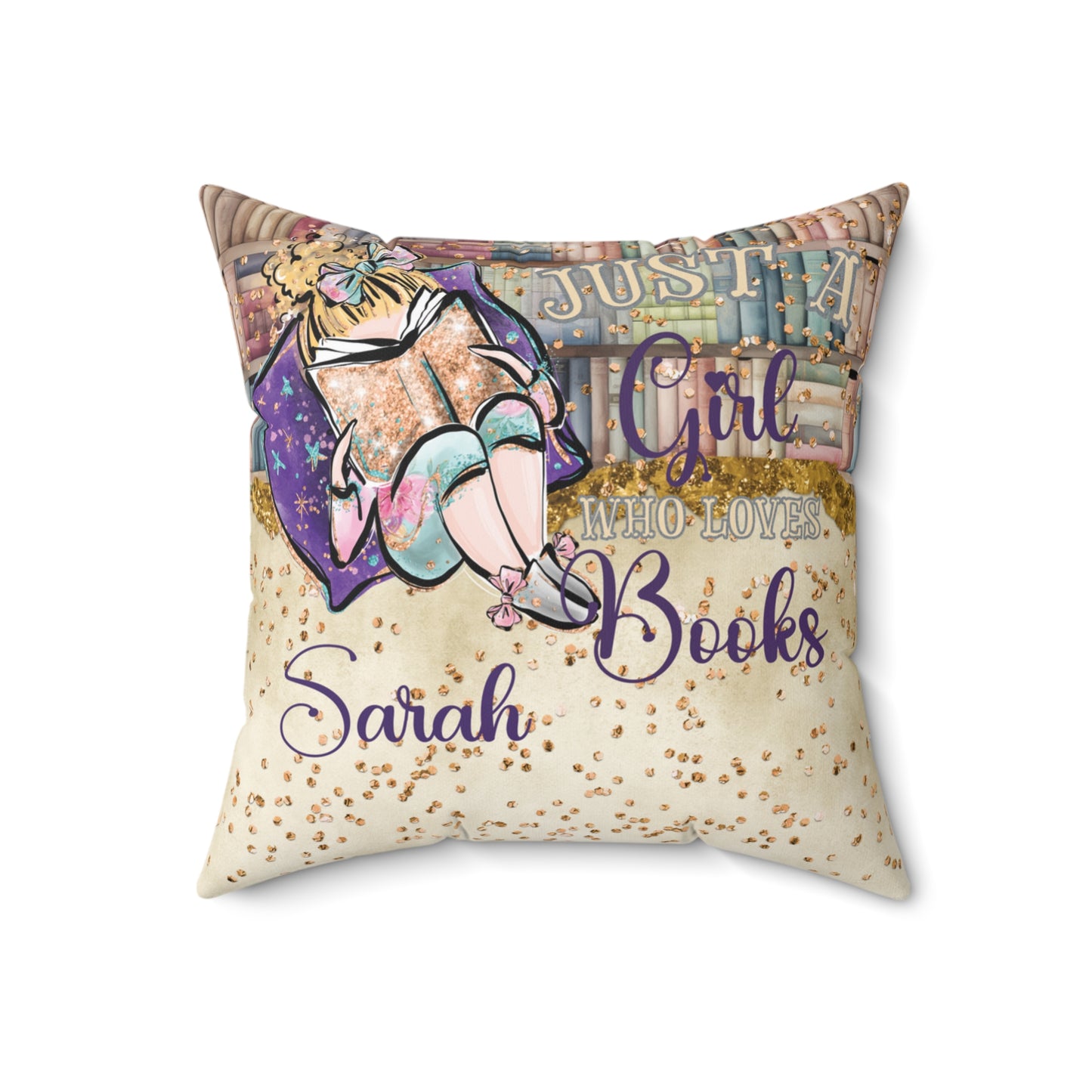 Polyester Square Pillow, Just a Girl who Loves Books, Blonde Hair