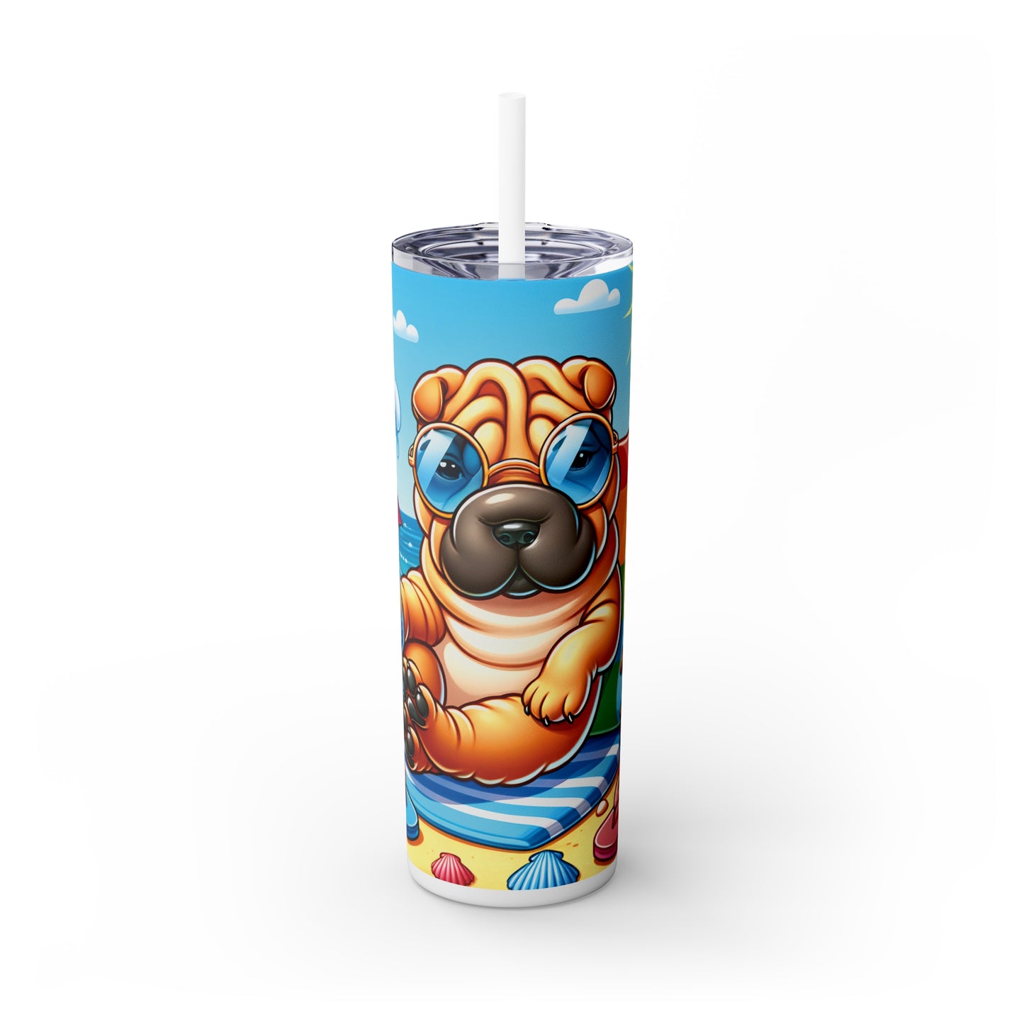 Skinny Tumbler with Straw, 20oz, Dog on Beach, Shar Pei, awd-1242