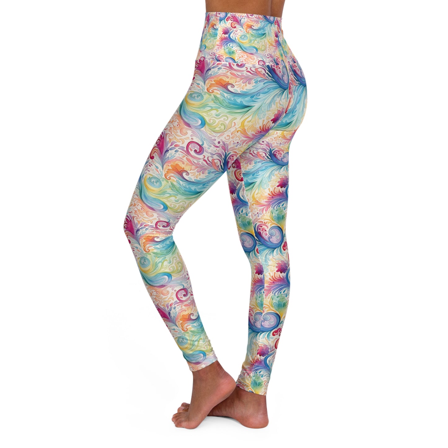 High Waisted Yoga Leggings, Rainbow Paisley