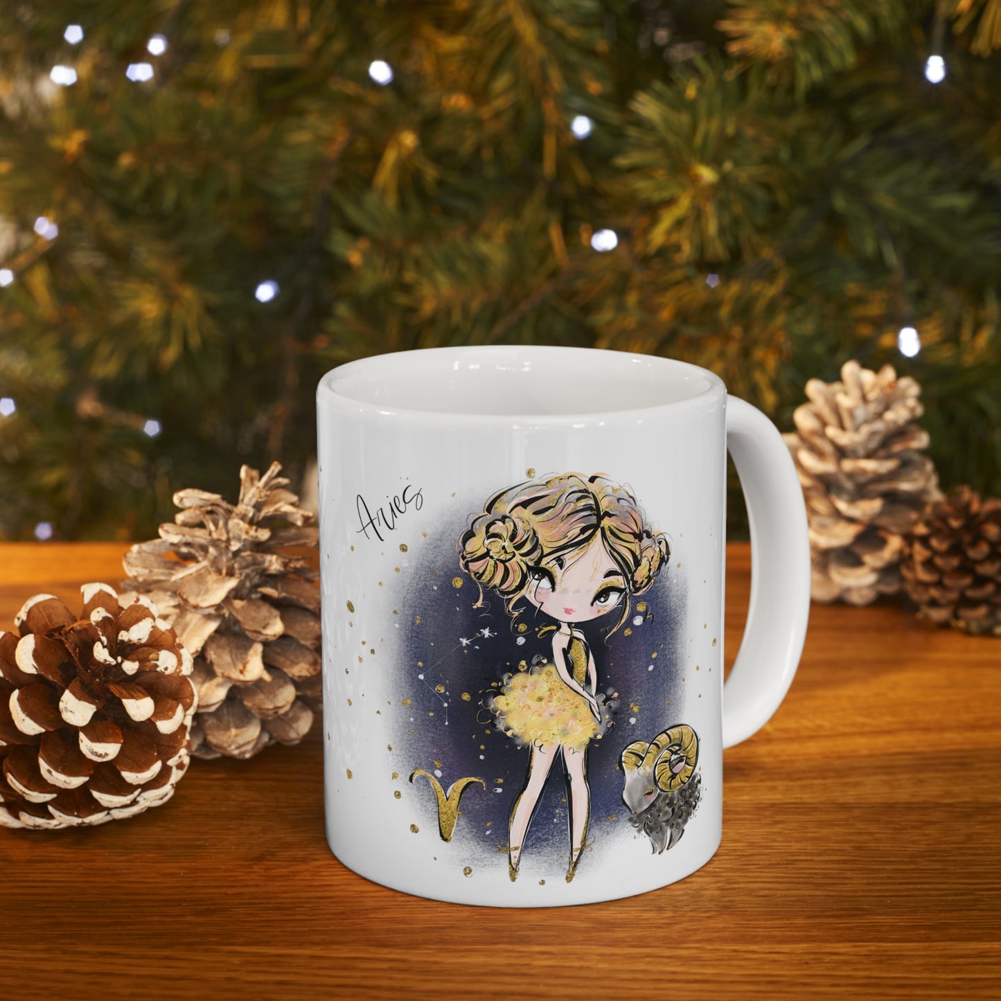 Personalised/Non Personalised Zodiac Sign, Aries, Ceramic Mug 11oz Blonde Hair - Brown Eyes