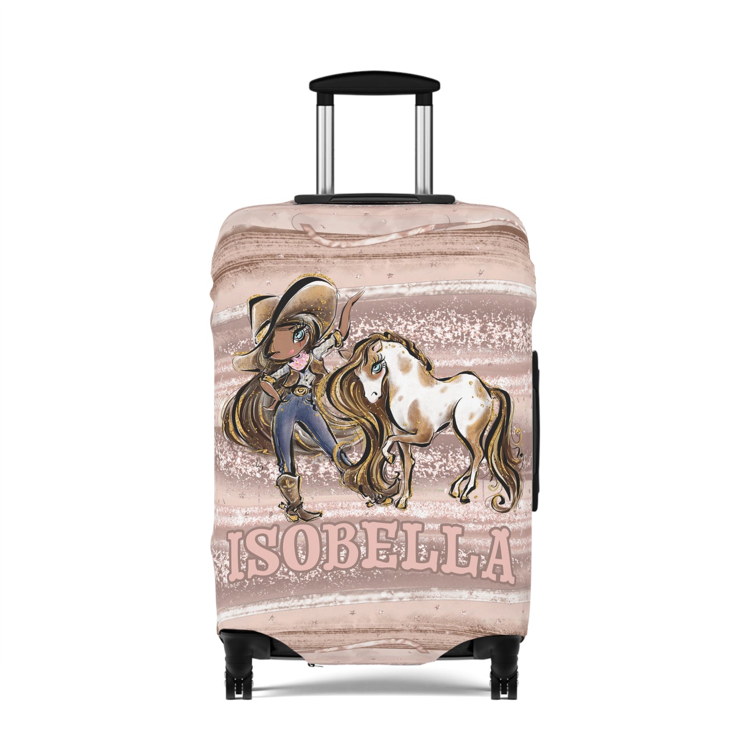 Luggage Cover, Howdy Cowgirl and Horse, Brunette Hair Olive Skin Blue Eyes