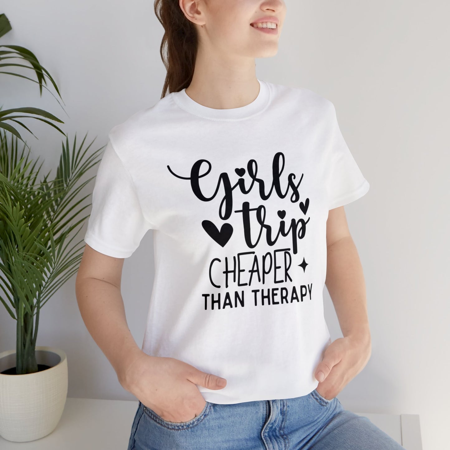 Unisex Jersey Short Sleeve Tee, Girl's Trip Cheaper than Therapy, 100% Cotton, Light Fabric 142 g/m²