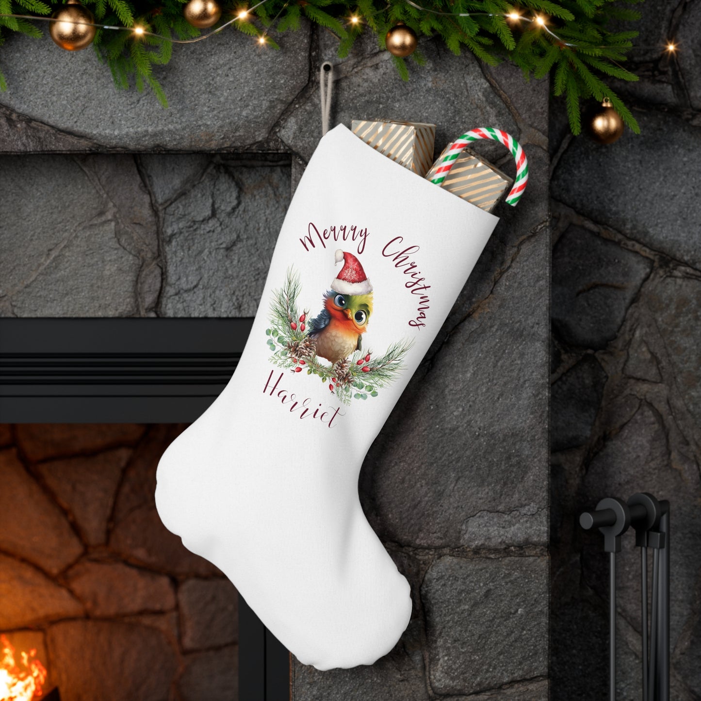 Personalised Santa Stocking, Australian Animals Poinsettia, Mistletoe