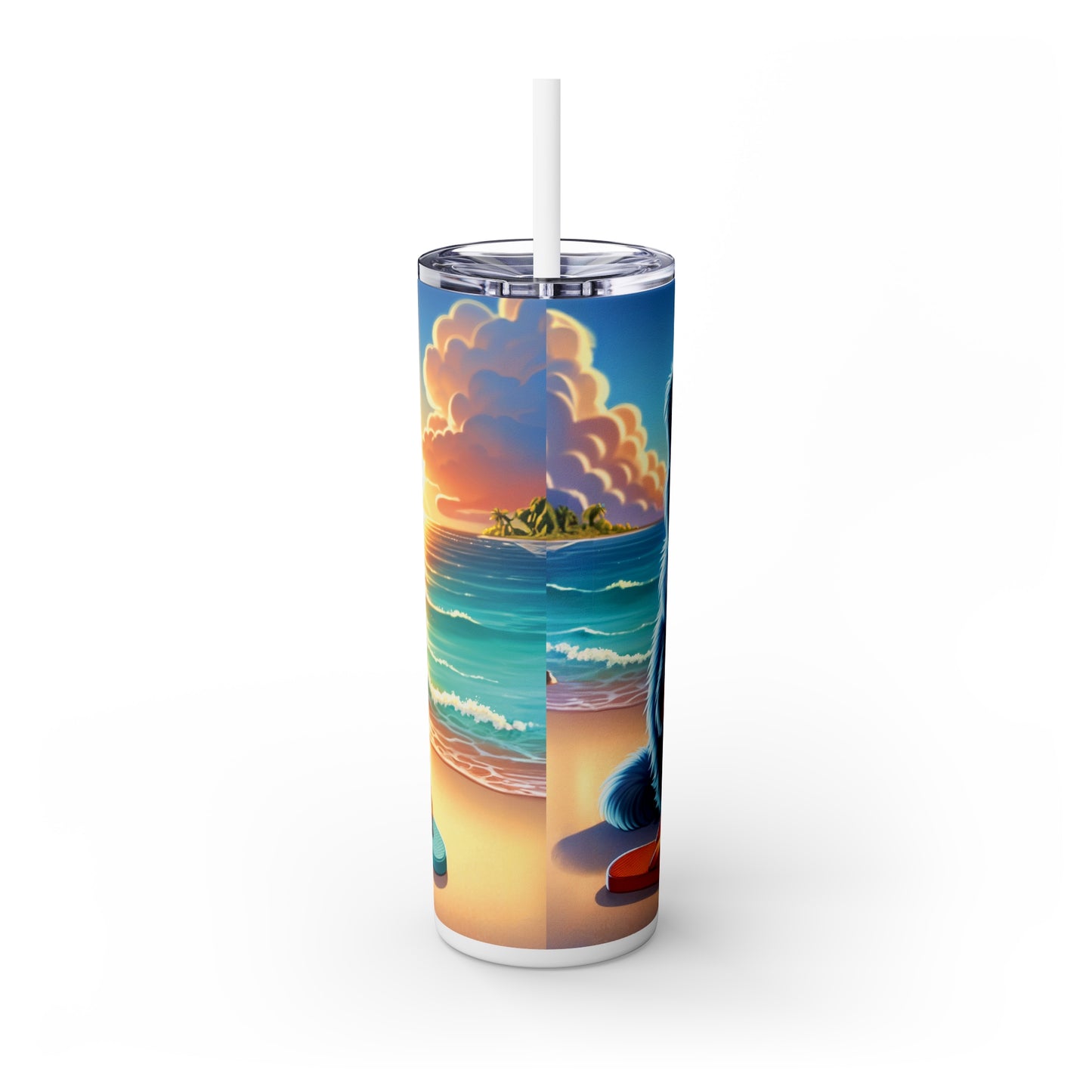 Skinny Tumbler with Straw, 20oz, Dog on Beach, Australian Shepherd, awd-1113