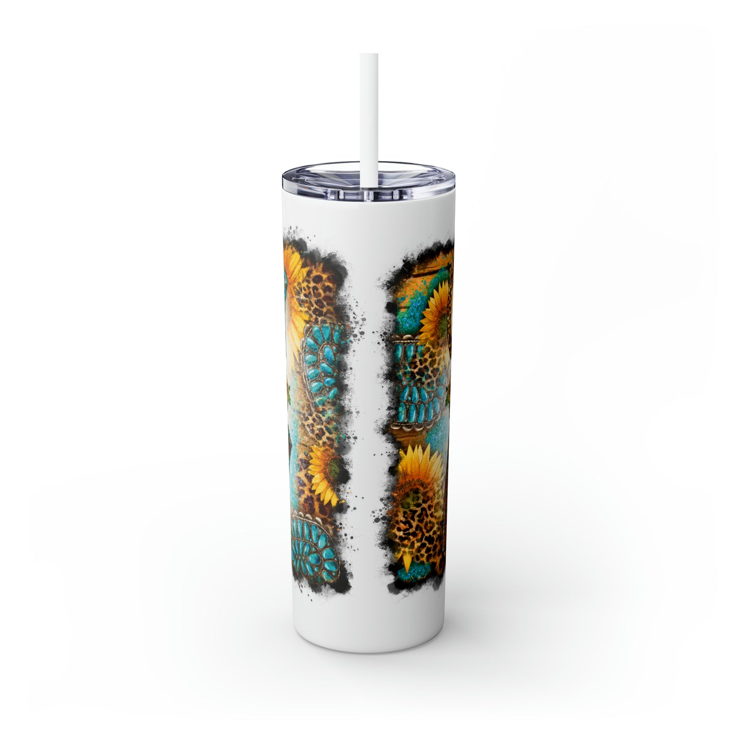 Skinny Tumbler with Straw, 20oz, Sunflowers, Western, Quote, Cowboy Take Me Away