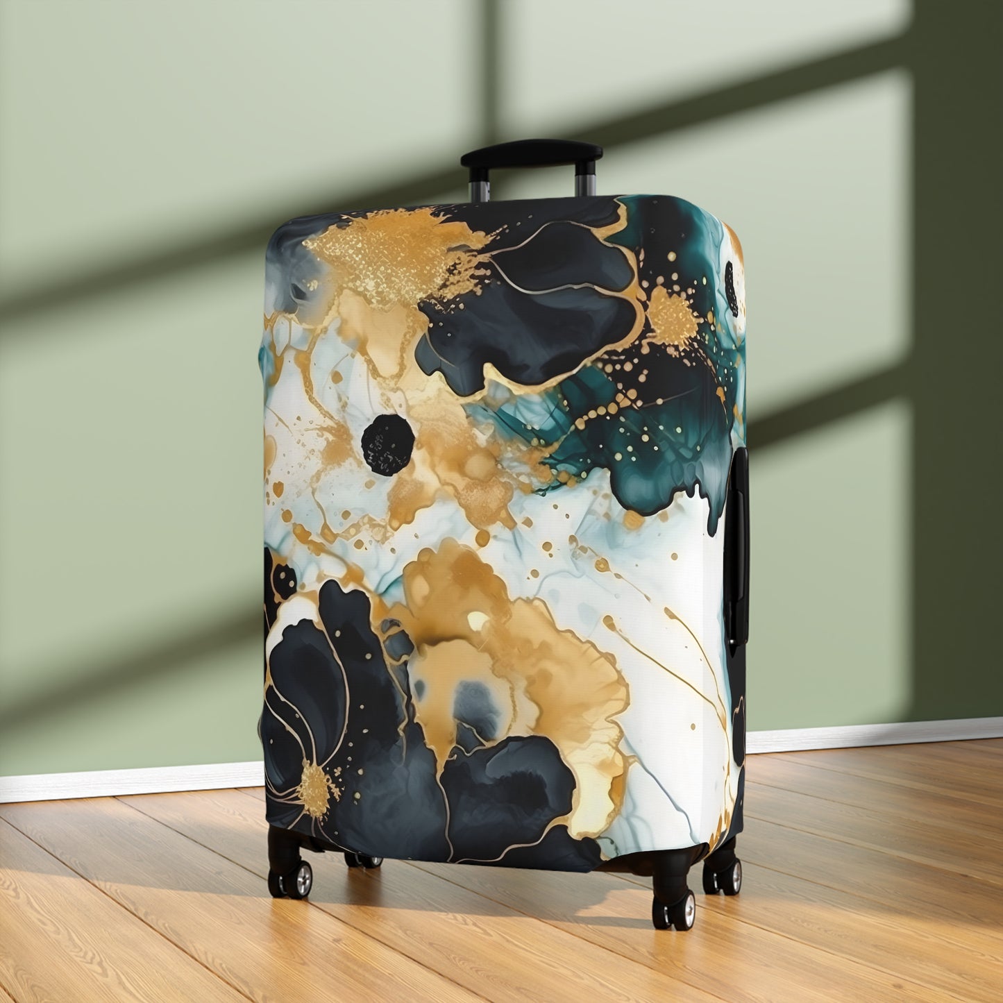 Luggage Cover, Alcohol Ink Black, Green and Gold Floral