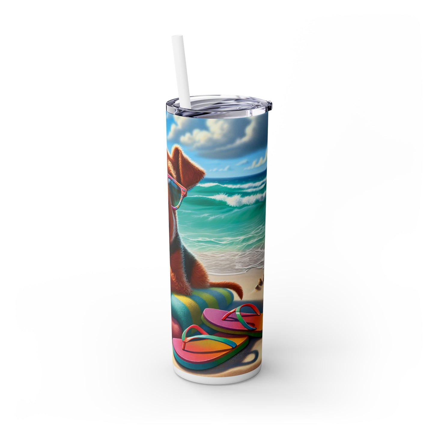 Skinny Tumbler with Straw, 20oz, Dog on Beach, Irish Terrier, awd-1216