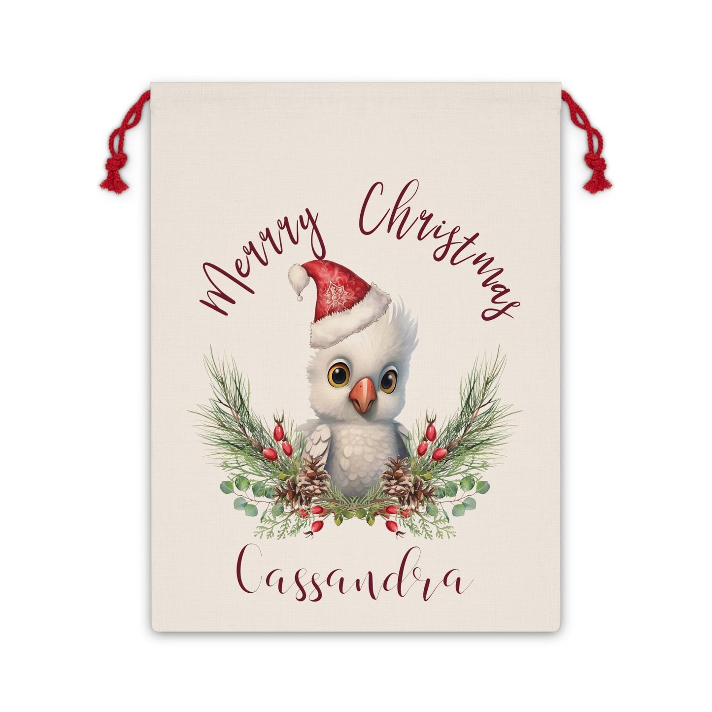 Personalised Santa Sack, Cockatoo, Poinsettia Leaves Linen Bag